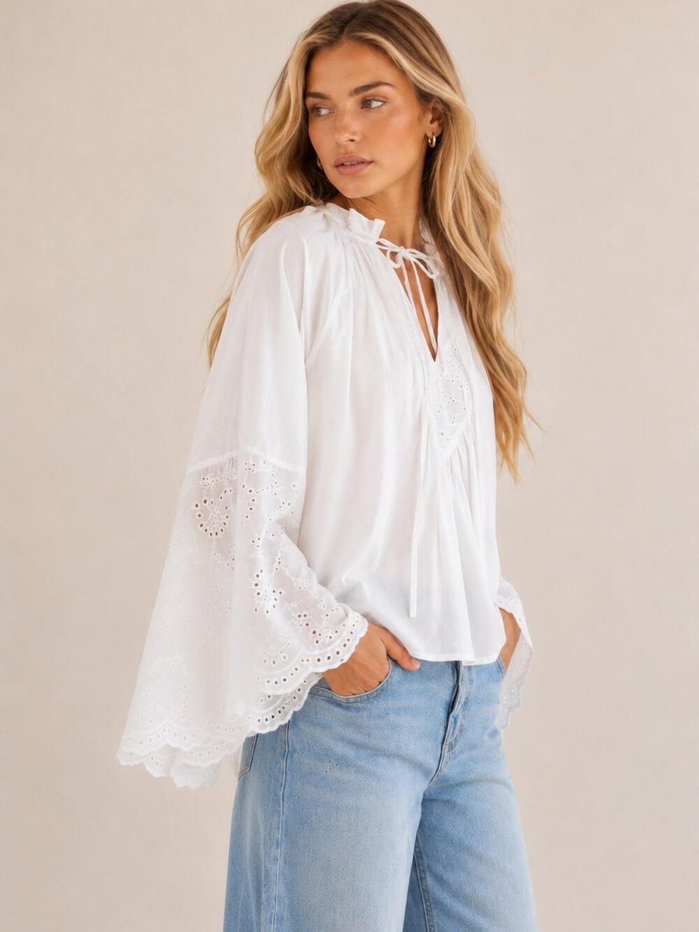 Dazy White Eyelet Bell Sleeve Boho Cottagecore Peasant Blouse Medium